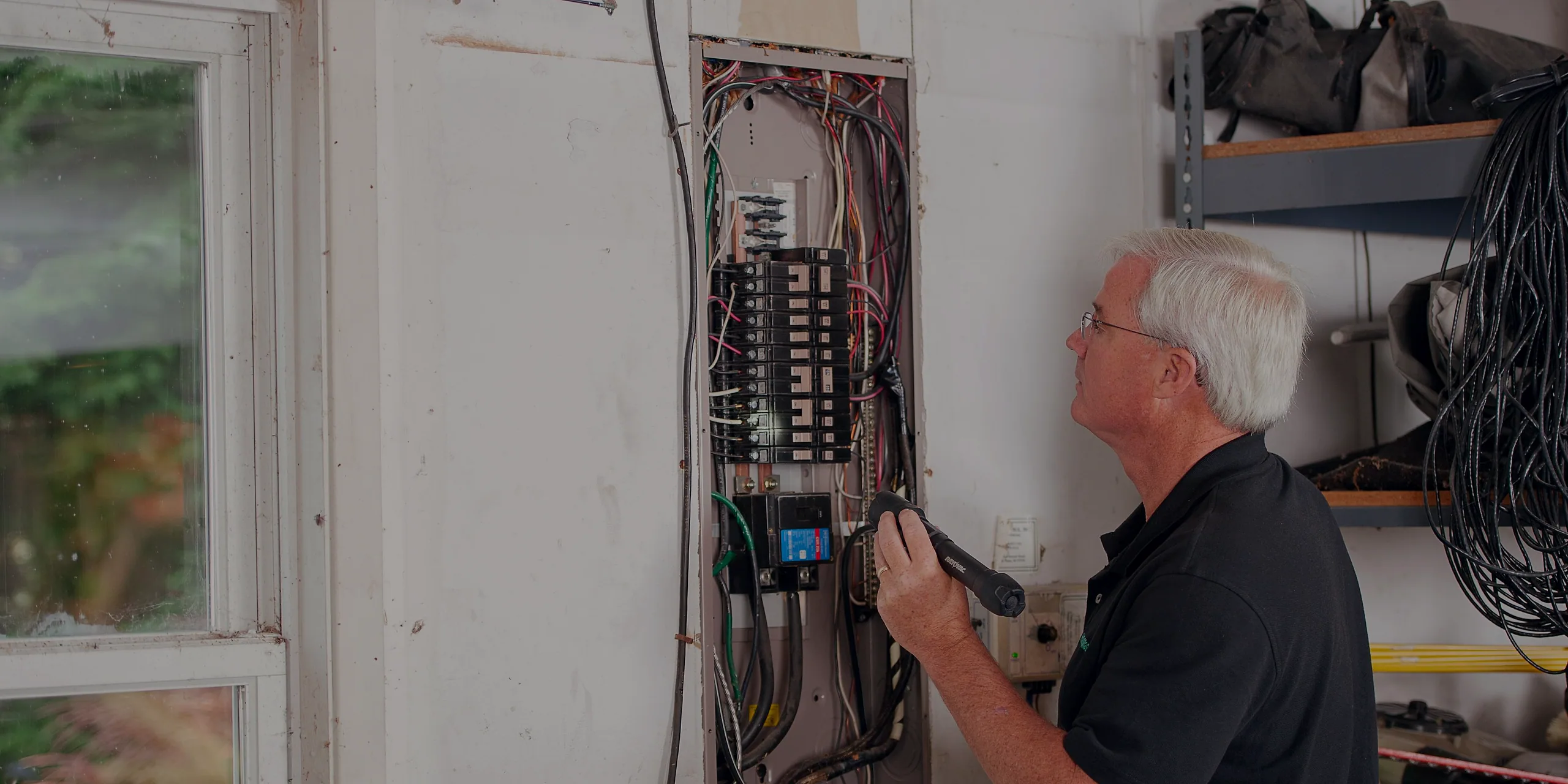 An electrician testing an open residential breaker panel in a garage, with a meter in one hand.
